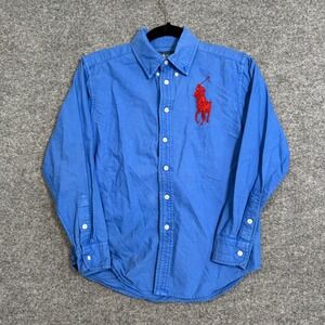 Ralph Lauren Shirt Youth Boys M 10-12 Blue Big Pony Button Up Dress Shirt Kids